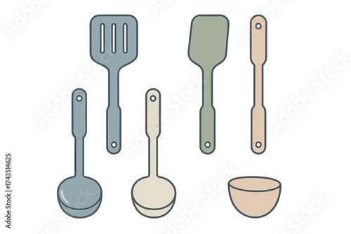 Modern kitchen utensils set including spatulas, ladles, and serving bowl