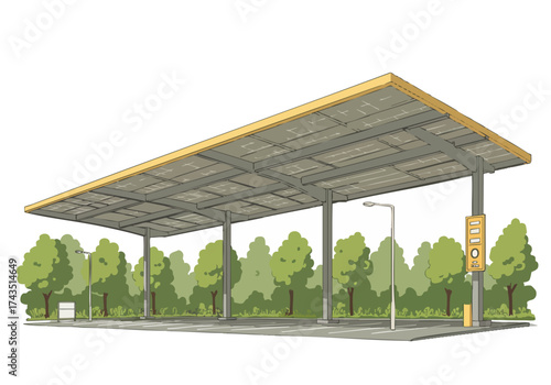 A modern solar car park with a sleek design and green surroundings.  Bright, clean, and visually appealing for commercial use.  Sustainable infrastructure concept.