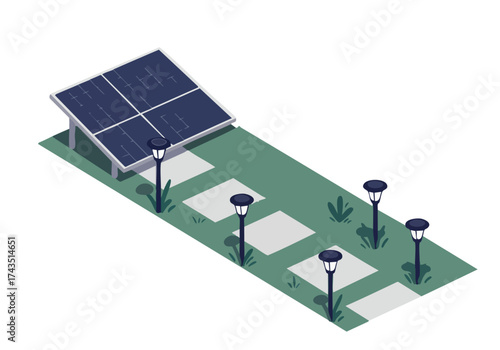 modern isometric illustration showcases a residential solar panel system with landscape lighting It-s a clean bright and inviting outdoor scene ideal for sustainability and renewable energy concepts