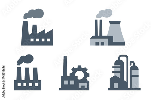 Collection of stylized industrial factory and power plant icons showing pollution smoke