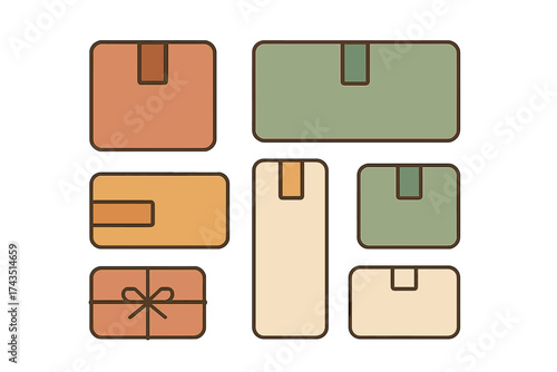 Assortment of closed shipping and delivery boxes in various sizes and muted earthy colors