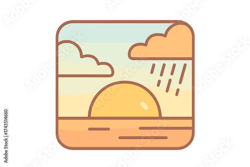 Stylized weather icon showing sunset or sunrise with rain clouds over a flat horizon