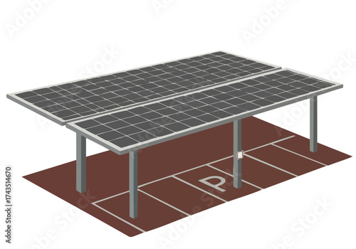 A modern solar panel array is showcased outdoors with a parking area. Clean lines and a professional design highlight sustainable energy. Ideal for commercial use.
