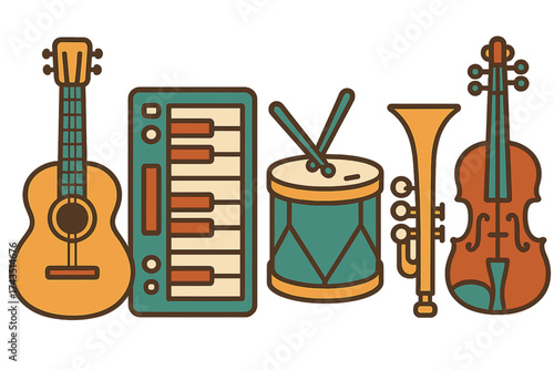 Stylized collection of various musical instruments rendered in retro color palette