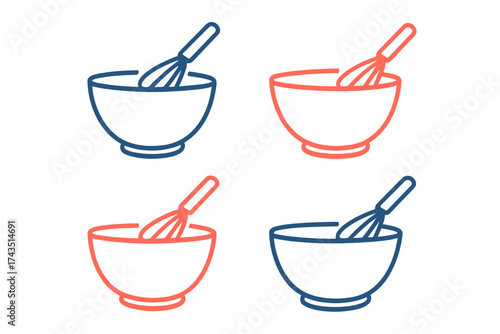 Set of outline icons depicting kitchen baking tools mixing bowl and wire whisk