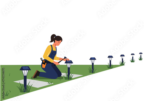 A female park maintenance worker installs solar lights, maintaining a beautiful park landscape. Bright, cheerful scene with green grass and illuminated lights.