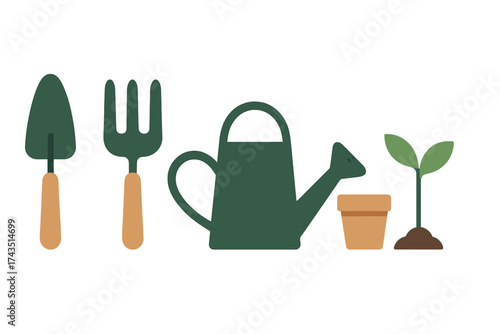 Set of essential gardening tools including trowel, fork, watering can, and terracotta pot