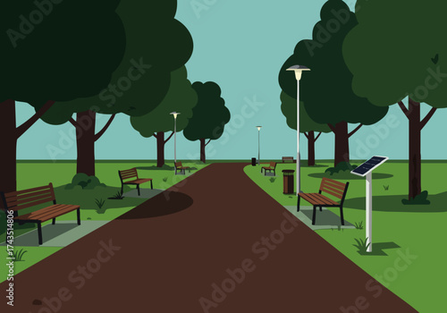 A serene park scene with solar-powered streetlights and benches. A pathway leads into the distance, showcasing a modern, sustainable design. Ideal for nature, urban, or eco-friendly themes.
