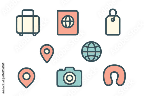 Essential items for travel and vacation including luggage, passport, and camera symbols