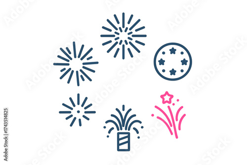 Outline icons set showing celebratory fireworks, pyrotechnics, and explosion effects for festive events