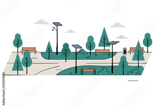 serene park scene featuring solar-powered streetlights benches and trees A clear path winds through the landscape showcasing a modern sustainable design Ideal for nature urban or eco-friendly themes
