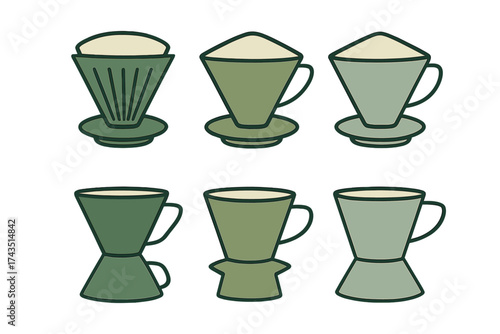 Collection of six manual coffee drippers and brewing equipment in green tones
