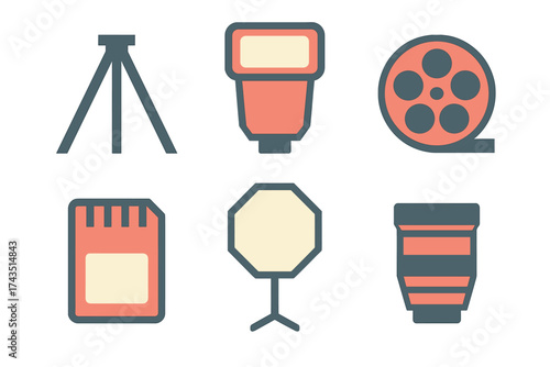 Set of essential photography and videography equipment symbols and accessories