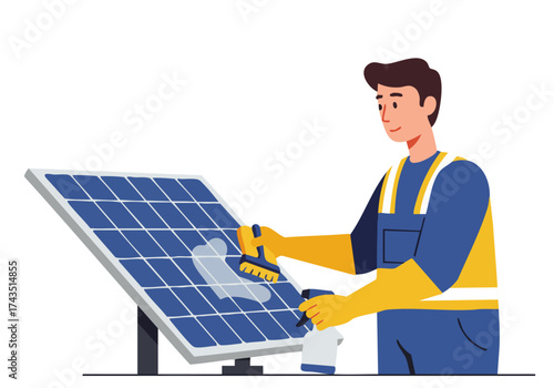 A technician cleans a solar panel with a brush and cleaning solution, adjusting its angle. Bright, clean, and professional. Suitable for renewable energy concepts.