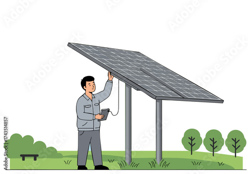 A technician inspects solar panels outdoors. Clear composition, bright sunlight, and a professional setting. Ideal for renewable energy and sustainability visuals.