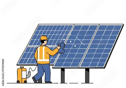 A technician inspects solar panels, ensuring optimal performance. Clean lines and a modern style highlight the renewable energy infrastructure. Professional, bright, and focused.