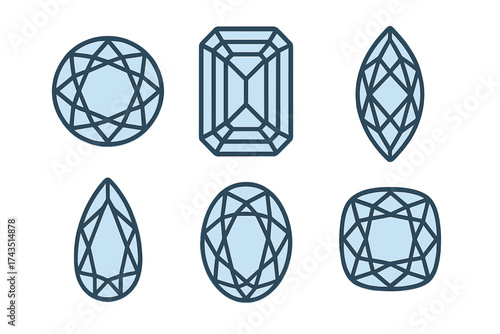 Six outlined diamond and gemstone cuts including round brilliant, emerald, and marquise shapes