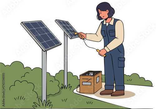 A female technician maintains a solar panel array outdoors. She?s wearing work clothes and using a tool. Bright sunlight and a green landscape create a clean, modern scene.