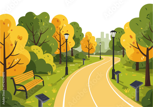 A vibrant autumn park scene with a winding path, lampposts, and a bench.  A sunny, inviting landscape perfect for lifestyle and travel visuals.