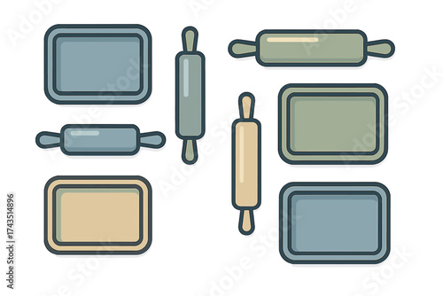 Stylized collection of baking sheets and rolling pins in various colors