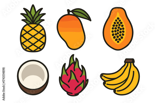 Colorful collection of tropical fruits: pineapple, mango, papaya, coconut, dragon fruit, and bananas