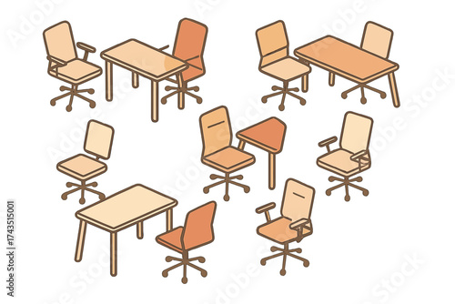 Seamless isometric pattern of modern office furniture and ergonomic swivel chairs