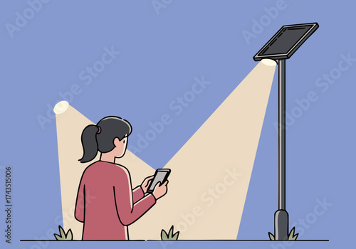 woman uses her phone to illuminate a night park lamppost The scene evokes a sense of safety and modern technology Clean lines and a soft color palette create a visually appealing composition