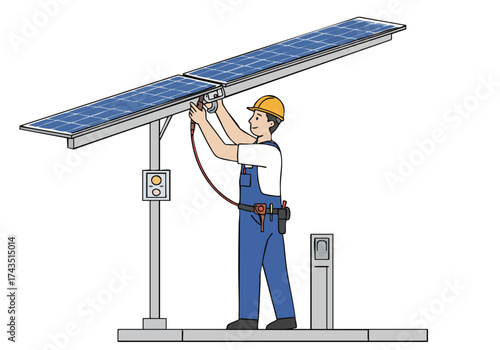 A worker adjusts solar panels on a mounting structure. Clear, bright illustration showcasing renewable energy technology. Professional setting, focused composition.