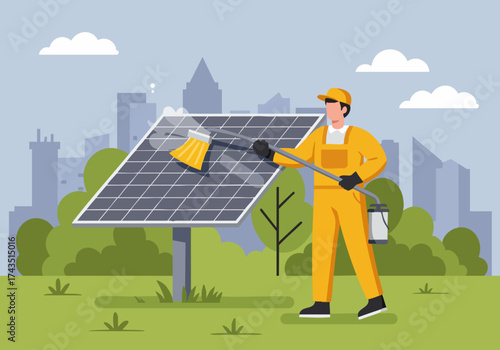 A worker cleans solar panels against a city backdrop. Bright, clean, and showcasing sustainable energy. Professional, outdoor setting.