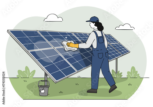A female worker cleans solar panels in a park setting. She wears overalls and uses a bucket, maintaining the park's renewable energy infrastructure. Bright, clean, and professional.