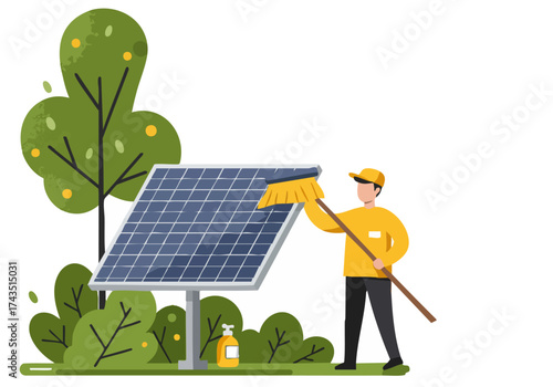 A smiling worker cleans solar panels outdoors, promoting green energy. Bright, clean, and modern illustration.