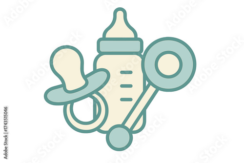 Essential newborn care items: feeding bottle, pacifier, and toy rattle