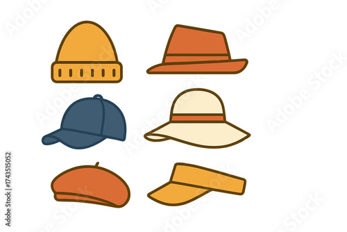 Colorful collection of six diverse headwear styles including beanie fedora baseball cap sun hat beret and visor