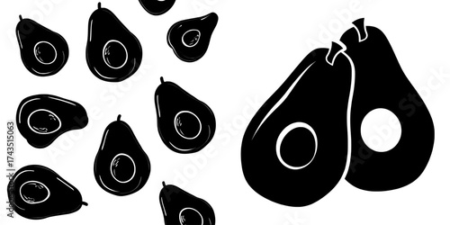 A linear style modern flat illustration features a seamless pattern with avocado, symbolizing healthy vegan food