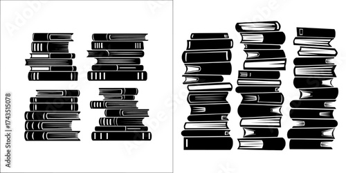 A modern illustration featuring a cartoon set of book stacks isolated on a white background, comprising piles of fiction literature, encyclopedias, and science textbooks