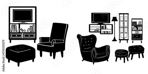 A living room interior featuring isolated furniture, including a TV and armchair, is available as a cartoon clipart collection to help design a lounge area in an apartment, complete with a red pouf,