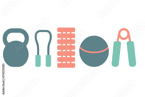 Collection of gym and exercise tools including kettlebell jump rope and foam roller