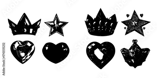 A crown, star, and heart-shaped green gemstone is featured in a game, alongside magical crystal or diamond icons, emerald treasures, and royal precious gems