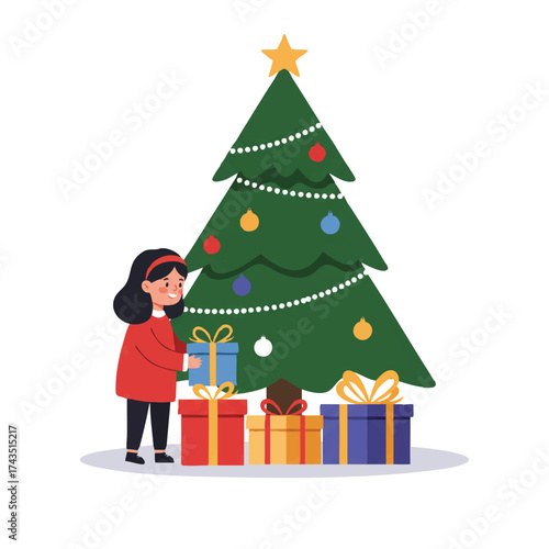 A cheerful little girl carefully places a shiny Christmas gift box under a minimalistic tree, vibrantly illustrated in a 2D flat vector style on a clean white background, radiating holiday joy.