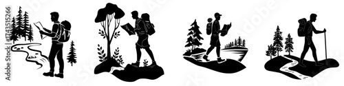 A young tourist treks on a trail in summer with a map and backpack beside a river, set against a cartoon background of modern forest and sea nature landscape