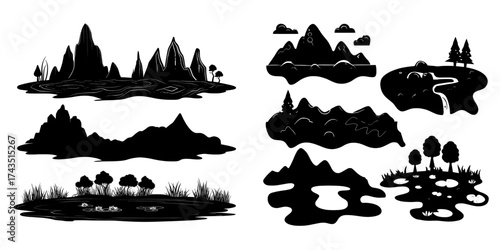 A modern cartoon runner game features a seamless ground surface set, including a space theme with a planet strip, a lava land horizontal pattern, and a mountain and forest scene with a pond and water