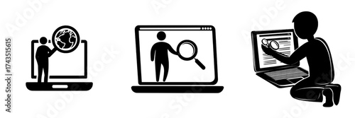 Find global data using search engine optimization illustration on internet websites with a flat tiny person concept and transparent background