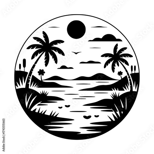 Vector art of tropical island landscape in a circle