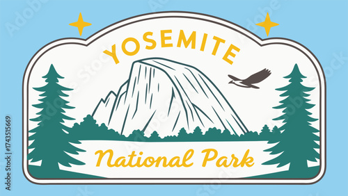 Classic yosemite national park retro sticker design with vintage mountain scenery and bold typography