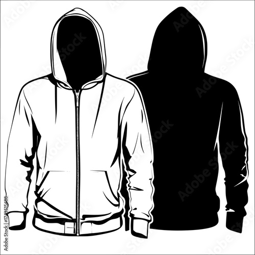Technical fashion illustration of a Hooded T-Shirt, including a flat drawing template for a Hoodie Sweatshirt with various features