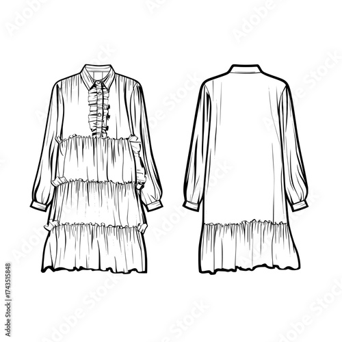 The technical drawing template for a Ruffled Dress includes a Tiered Mini Dress with long sleeve, collar, oversize, frill details, and front and back view, all in white color, designed for women's