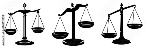 Weight scales with empty pans symbolize balance, representing an old traditional method of mass measurement using plates and dishes, embodying the concept of comparison and decision-making, as