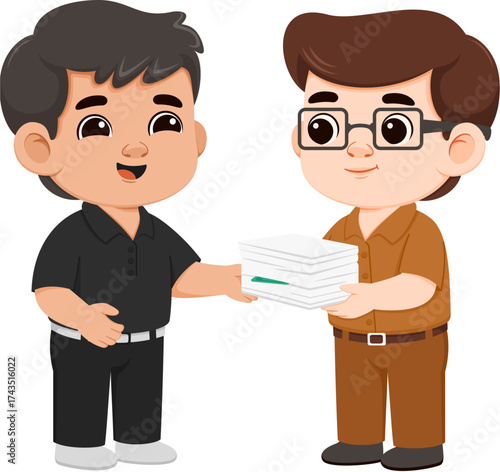 Illustration of Office Staff Taking Money Hidden in Documents