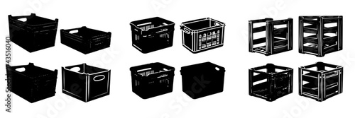 A collection of blue plastic crates is shown against a white backdrop, presented in a realistic and modern illustration that includes top, side, and isometric views of the empty box mockup, suitable