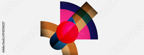 Abstract composition featuring colorful arcs, circle, overlapping shapes. Minimalist design, modern aesthetic, vibrant hues present.